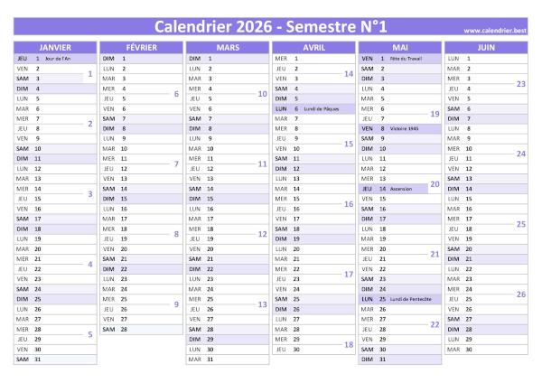 calendrier 2026 avec numéro de semaine, version semestrielle