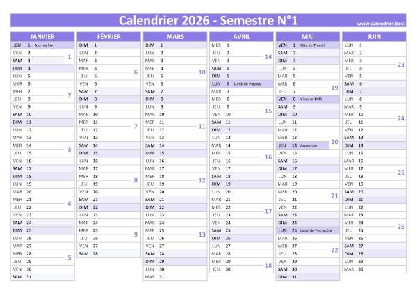 calendrier 2026 avec numéros de semaine, 1er semestre