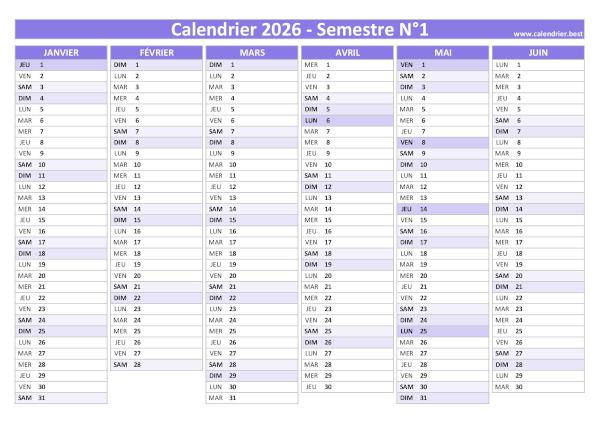 calendrier 2026 viergeà imprimer par semestre