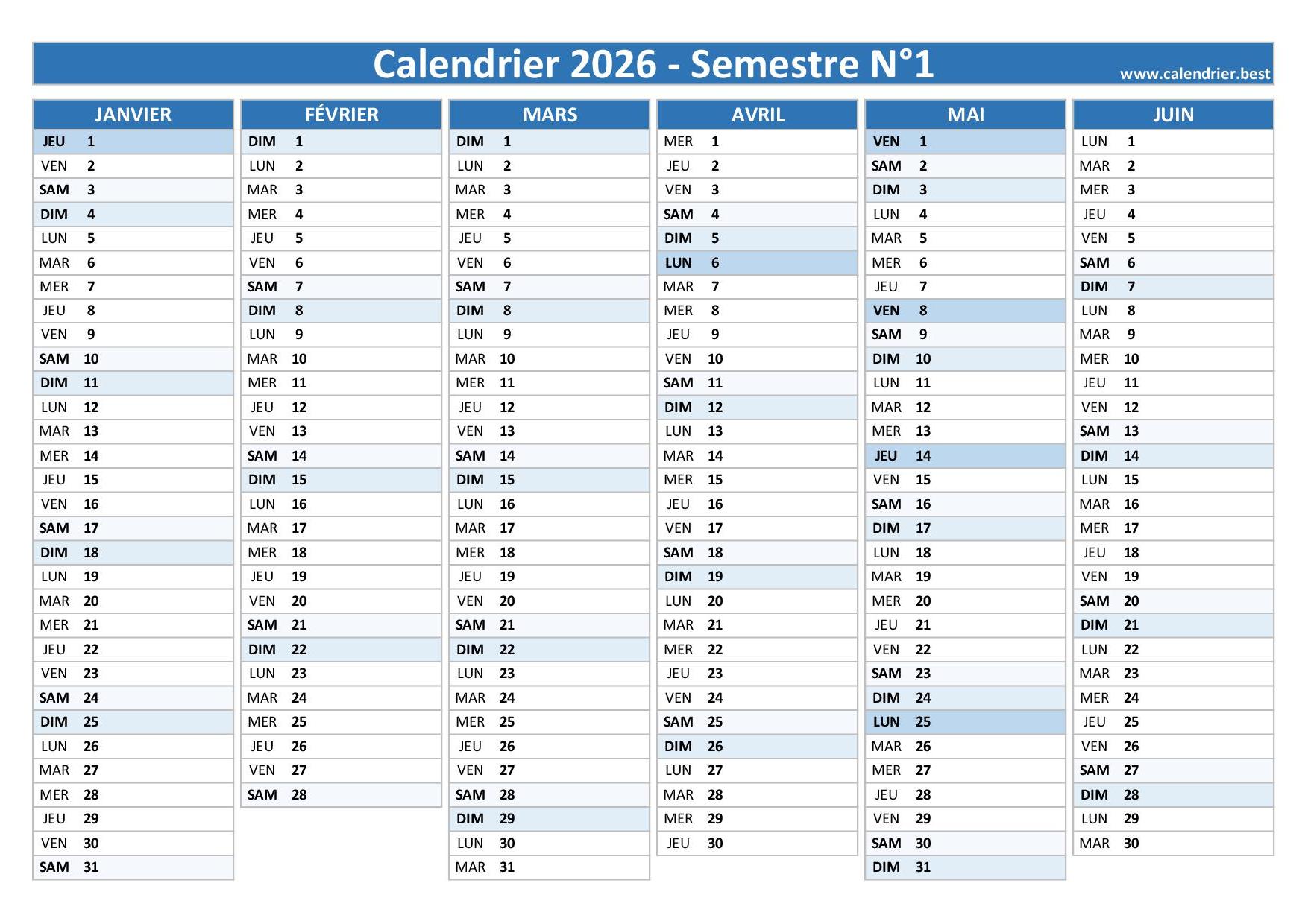 Calendrier 2026 Par Semestre A Imprimer
