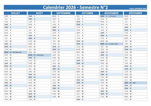 calendrier 2026 avec jours fériés, 2nd semestre