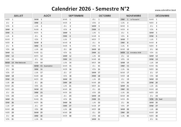 calendrier 2026 avec jours fériés, 1er semestre