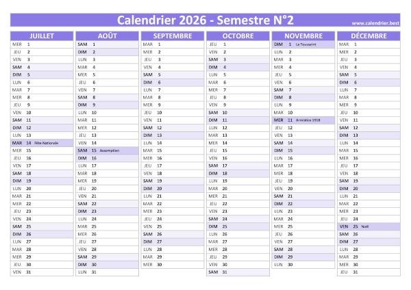 calendrier 2026 avec jours fériés, 2nd semestre