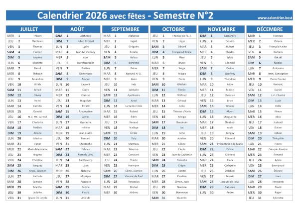 calendrier 2026 avec saints, 2nd semestre