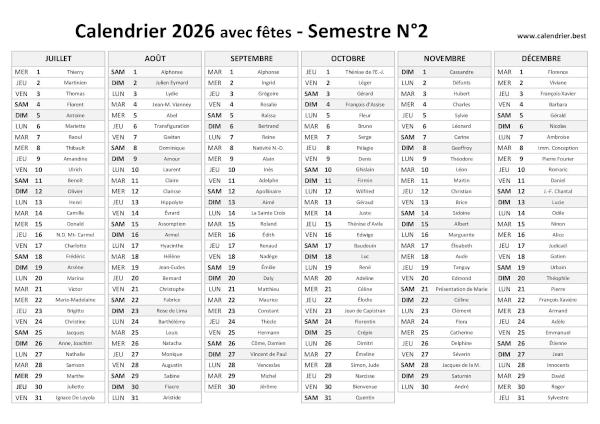 calendrier 2026 avec saints, 2nd semestre