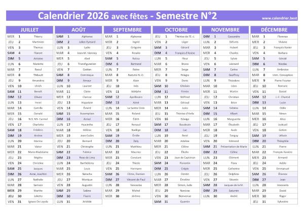 calendrier 2026 avec saints, 2nd semestre