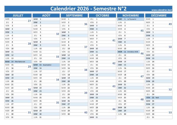 calendrier 2026 avec semaines paires et impaires, 2nd semestre