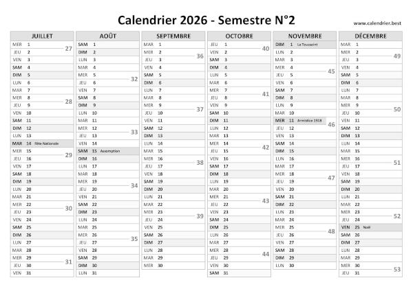 calendrier 2026 avec numéros de semaine, 2ème semestre
