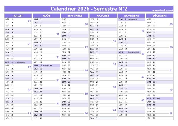calendrier 2026 avec numéros de semaine, 2nd semestre