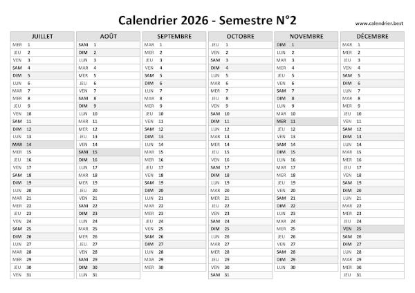 calendrier 2026 vierge, 2nd semestre