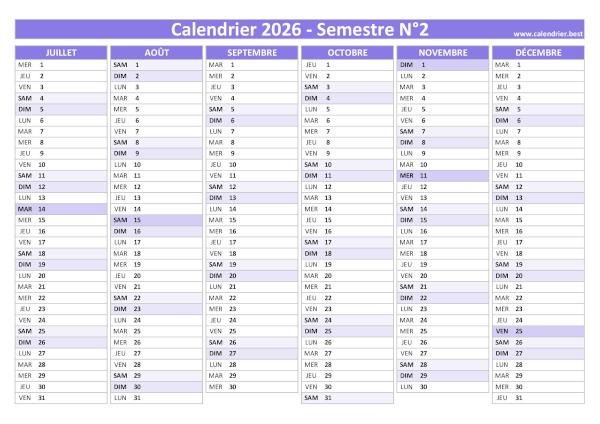 calendrier 2026 vierge, 2nd semestre