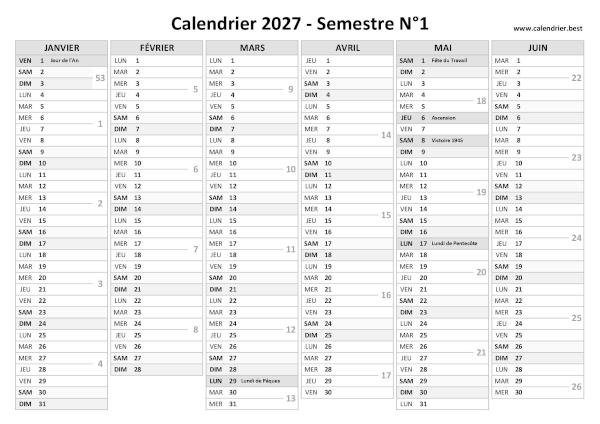 Calendrier 2027 avec numéro de semaine à imprimer, 1 page par semestre, thème noir et blanc calendrier 2027 avec numéro de semaine, version semestrielle