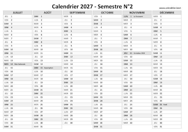 Calendrier semestriel avec jours fériés à imprimer, année 2027, semestre 2, thème noir et blanc calendrier 2027 avec jours fériés, 1er semestre