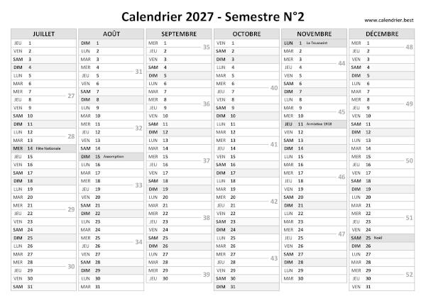 Calendrier semestriel avec numéros de semaine à imprimer, année 2027, semestre 2, thème noir et blanc calendrier 2027 avec numéros de semaine, 1er semestre