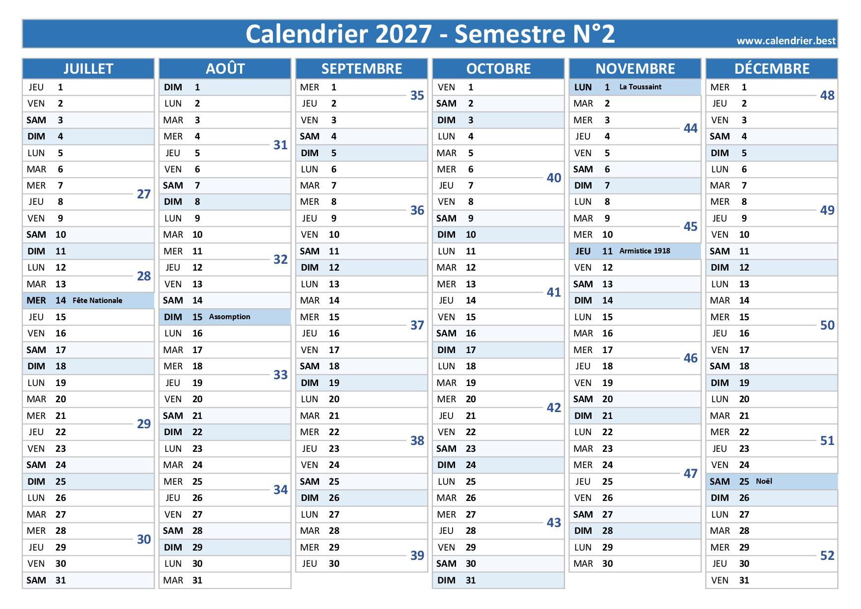 Calendrier Semestriel 2027 Imprimer Pour Le 1er Et Le 2 me Semestre 2027