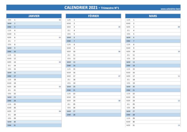 Calendrier trimestre N°1 2021 à imprimer (mois de janvier, février et mars 2021).