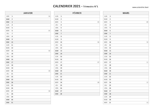 Calendrier trimestre N°1 2021 à imprimer (mois de janvier, février et mars 2021).