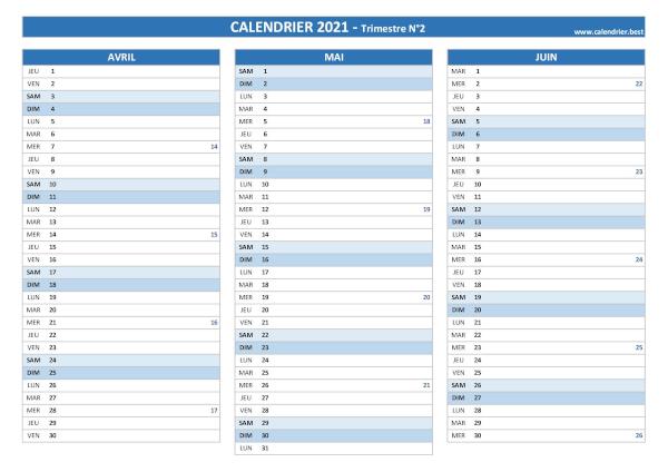 Calendrier trimestre N°2 2021 à imprimer (mois d'avril, mai et juin 2021).