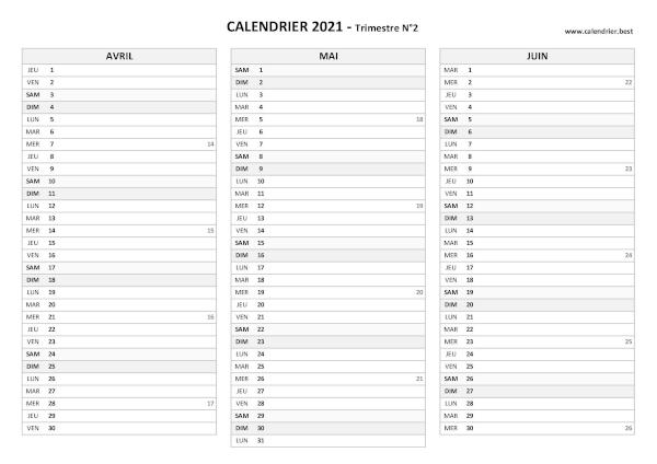 Calendrier 2021 trimestriel à imprimer