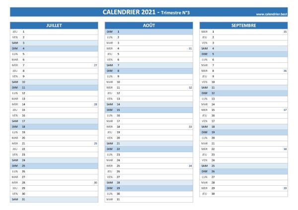 Calendrier trimestre N°3 2021 à imprimer (mois de juillet, août et septembre 2021).