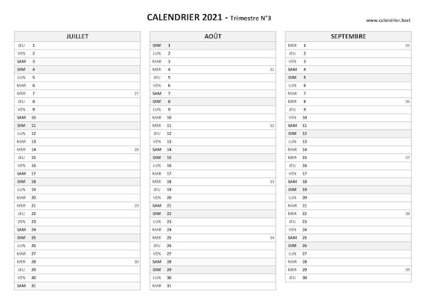 Calendrier trimestre N°3 2021 à imprimer (mois de juillet, août et septembre 2021).