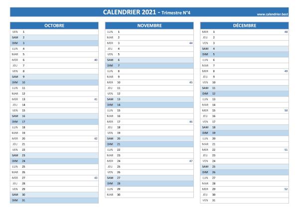 Calendrier trimestre N°4 2021 à imprimer (mois d'octobre, novembre et décembre 2021).