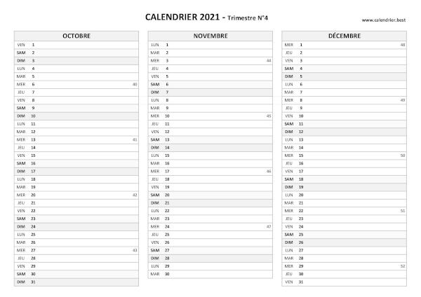 Calendrier trimestriel à imprimer pour les mois d'octobre, novembre et décembre 2021 (trimestre N°4), thème gris. Calendrier trimestre N°4 2021 à imprimer (mois d'octobre, novembre et décembre 2021).