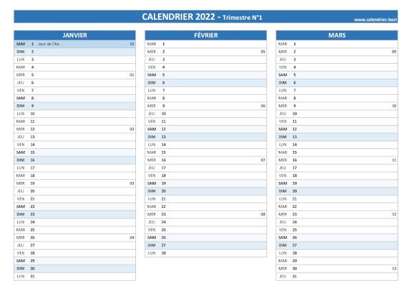 Calendrier trimestre N°1 2022 à imprimer (mois de janvier, février et mars 2022).