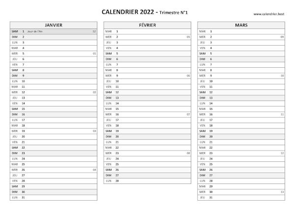 Calendrier trimestre N°1 2022 à imprimer (mois de janvier, février et mars 2022).