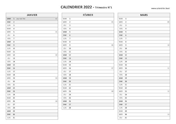 calendrier 2022 à imprimer par trimestre (1 page par trimestre)