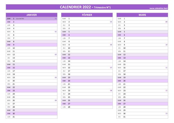 calendrier 2022 à imprimer par trimestre (1 page par trimestre)