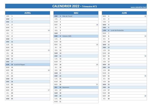 Calendrier trimestre N°2 2022 à imprimer (mois d'avril, mai et juin 2022).