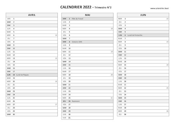 Calendrier trimestre N°2 2022 à imprimer (mois d'avril, mai et juin 2022).