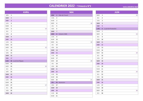 Calendrier trimestre N°2 2022 à imprimer (mois d'avril, mai et juin 2022).