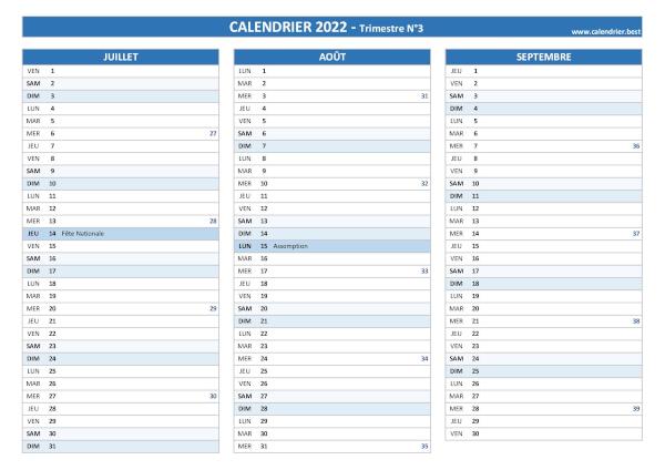 Calendrier trimestre N°3 2022 à imprimer (mois de juillet, août et septembre 2022).
