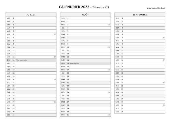 Calendrier trimestre N°3 2022 à imprimer (mois de juillet, août et septembre 2022).