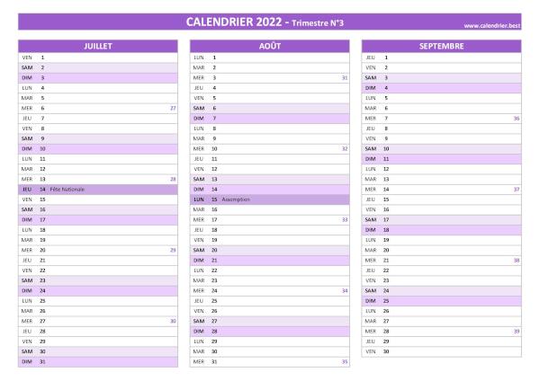 Calendrier trimestre N°3 2022 à imprimer (mois de juillet, août et septembre 2022).