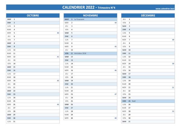 Calendrier trimestriel 2022 à imprimer pour le 4ème trimestre 2022.