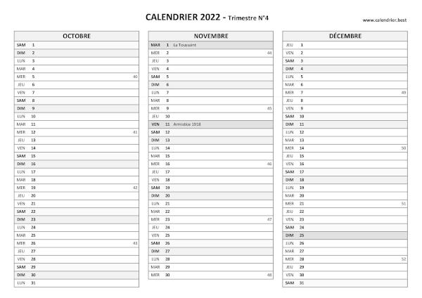 Calendrier trimestre N°4 2022 à imprimer (mois d'octobre, novembre et décembre 2022).