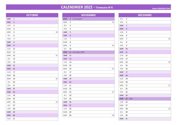 Calendrier trimestre N°4 2022 à imprimer (mois d'octobre, novembre et décembre 2022).