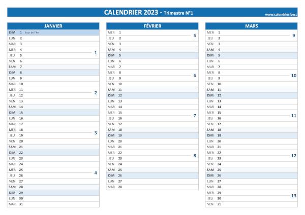 calendrier 2023 à imprimer par trimestre (1 page par trimestre)