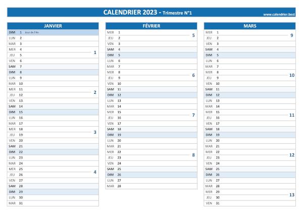 Calendrier 2023 Trimestriel à Imprimer