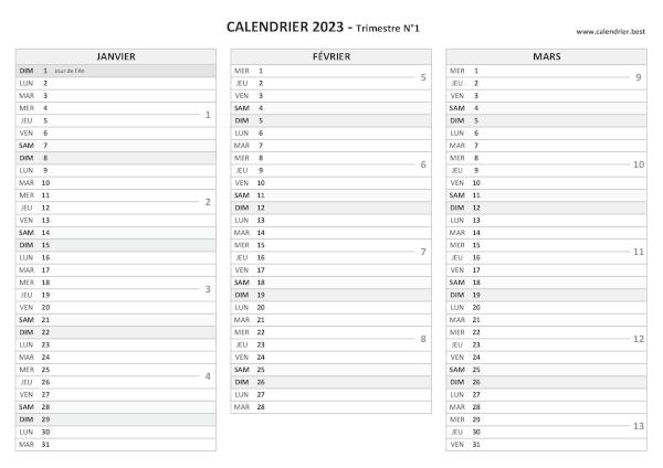 calendrier 2023 à imprimer par trimestre (1 page par trimestre)