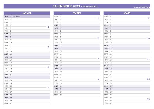 calendrier 2023 à imprimer par trimestre (1 page par trimestre)