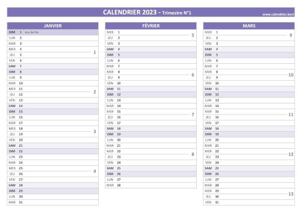 Calendrier trimestre N°1 2023 à imprimer (mois de janvier, février et mars 2023).