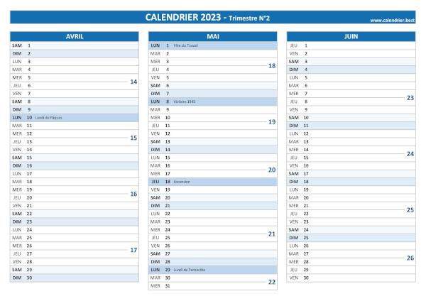 Calendrier trimestre N°2 2023 à imprimer (mois d'avril, mai et juin 2023).