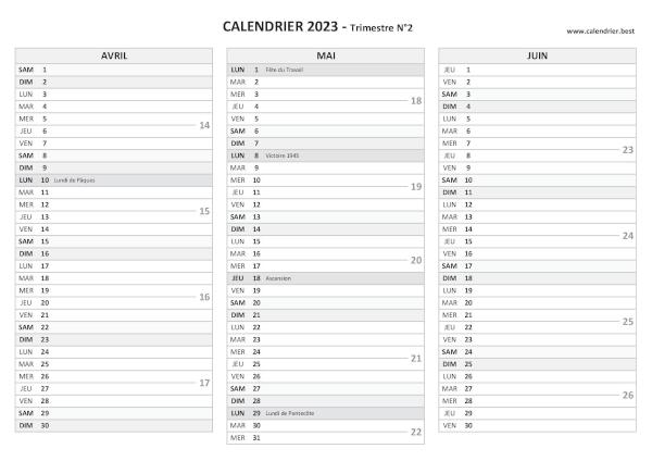 Calendrier trimestre N°2 2023 à imprimer (mois d'avril, mai et juin 2023).