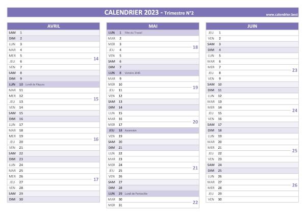 Calendrier trimestre N°2 2023 à imprimer (mois d'avril, mai et juin 2023).