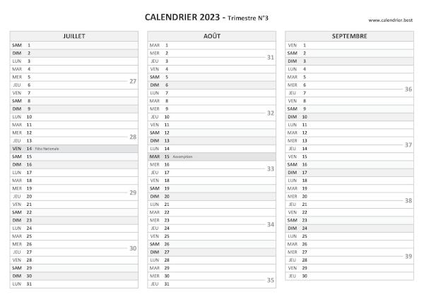 Calendrier trimestre N°3 2023 à imprimer (mois de juillet, août et septembre 2023).