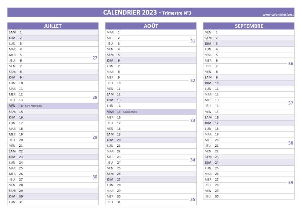 Calendrier trimestre N°3 2023 à imprimer (mois de juillet, août et septembre 2023).